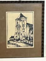 Henri Wils Houtsnede kerktoren Zoutelande monogram in plaat, Antiek en Kunst, Kunst | Etsen en Gravures, Ophalen of Verzenden