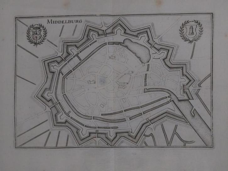 37 / Plattegrond Middelburg Gravure uit 1659 van C. Merian, Antiek en Kunst, Kunst | Etsen en Gravures, Ophalen of Verzenden