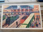 Treinstation oude schoolplaat uit Frankrijk litho op canvas., Antiek en Kunst, Ophalen of Verzenden