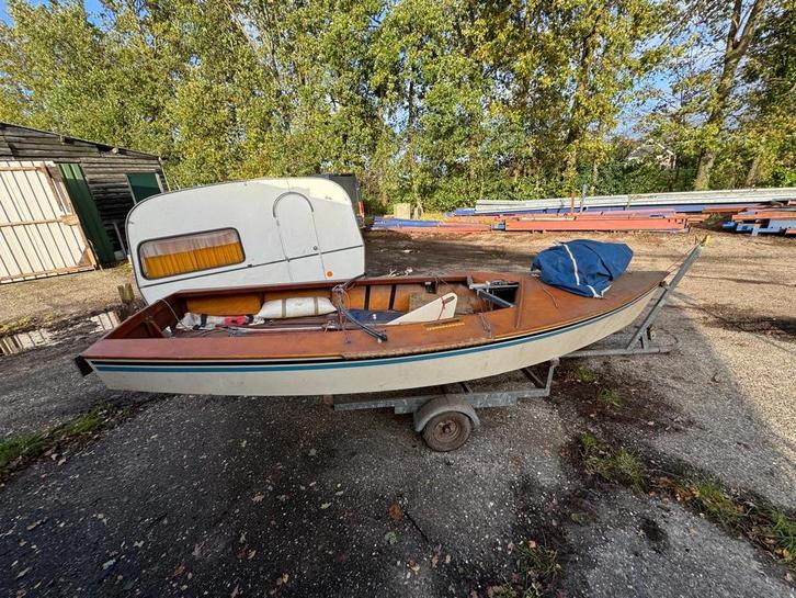 Houten schakel midzwaard zeilboot op trailer hoge fun factor, Watersport en Boten, Open zeilboten, Gebruikt, Schakel, 3 tot 6 meter