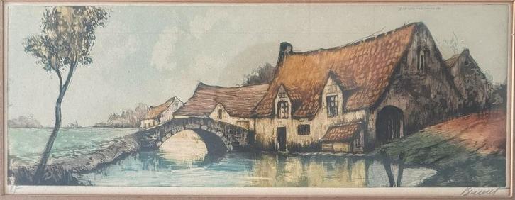 Ingekleurde ets gesigneerd Brunet (1845-1939) - 1935, Antiek en Kunst, Kunst | Etsen en Gravures, Ophalen of Verzenden