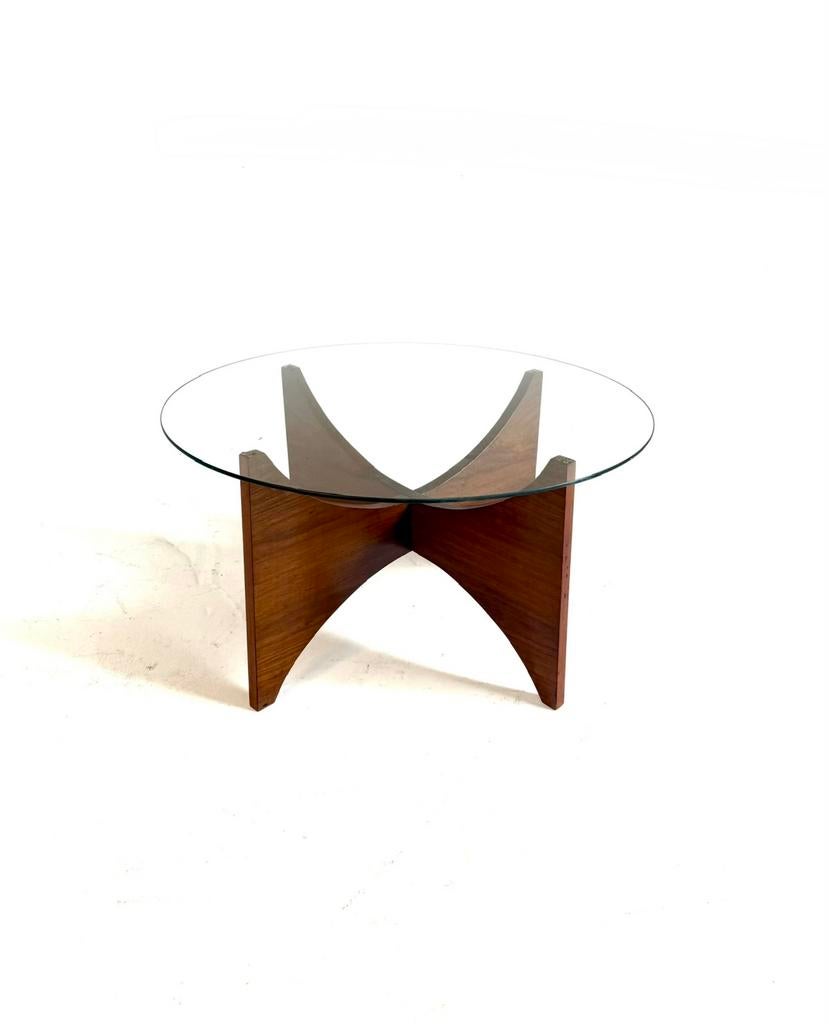 Vintage teak & glas salontafel ‘60, Huis en Inrichting, Tafels | Salontafels, 50 tot 100 cm, Glas, Rond, Zo goed als nieuw