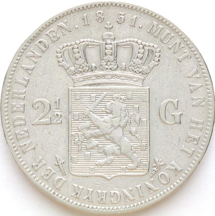 XntriQ-Coins - zilveren 2½ Gulden 1851a Willem III, Postzegels en Munten, Munten | Nederland, Losse munt, 2½ gulden, Koning Willem III