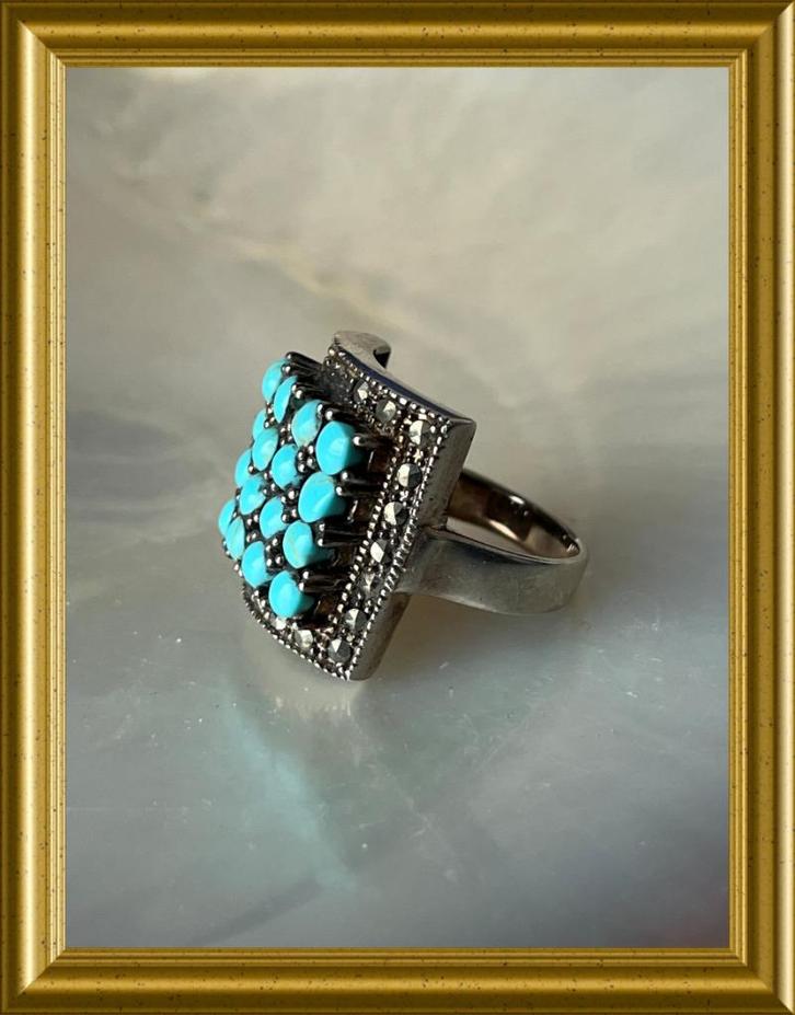 Mooie zilveren ring met turkoois blauwe steentjes, markasiet, Sieraden, Tassen en Uiterlijk, Antieke sieraden, Ring, Zilver, Met edelsteen