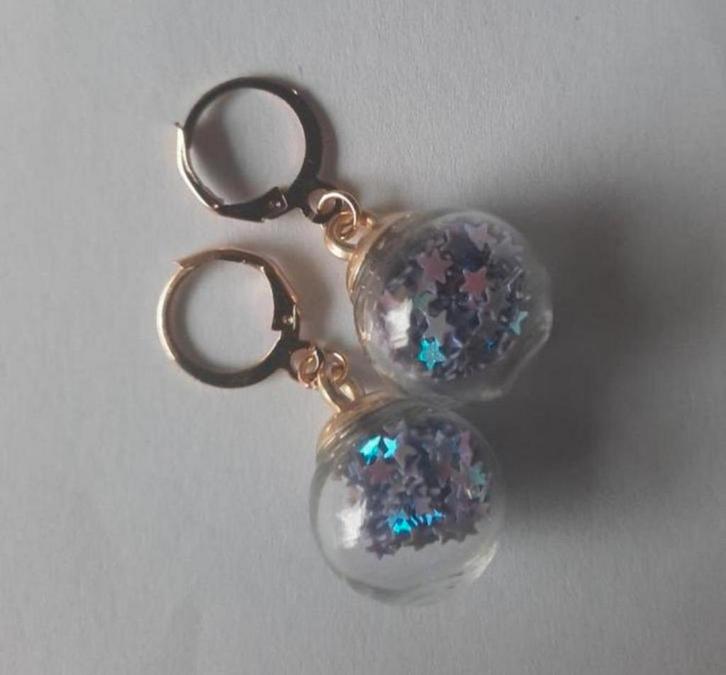 Glazen bal oorbellen met Glitter ster of Fruit., Sieraden, Tassen en Uiterlijk, Oorbellen, Nieuw, Overige materialen, Goud, Ophalen of Verzenden