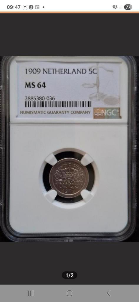 5 Cent (Stuiver) 1909 MS64 by NGC., Postzegels en Munten, Munten | Nederland, Losse munt, 5 cent, Koningin Wilhelmina, Ophalen of Verzenden