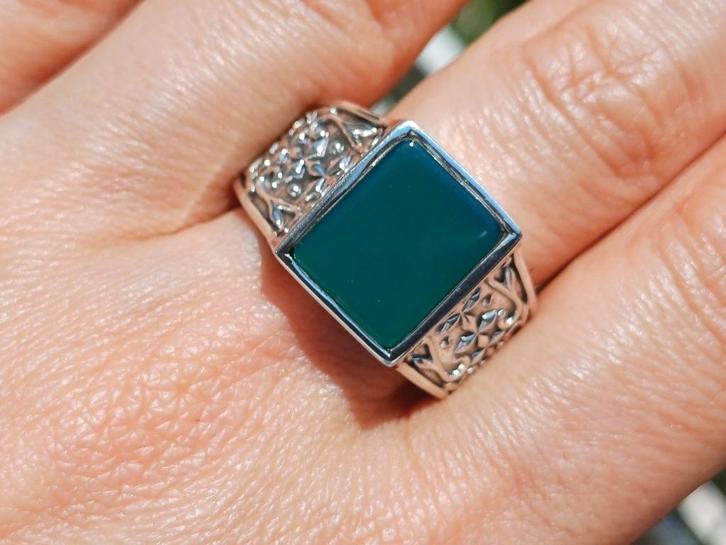 Vanoli 925 zilveren heren ring met groene agaat maat 21,5, Sieraden, Tassen en Uiterlijk, Ringen, Nieuw, Heer, 20 of groter, Groen
