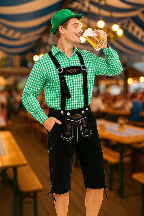 Groen Oktoberfest Kostuum met Zwarte Lederhosen - Maat XXL, Kleding | Heren, Carnavalskleding en Feestkleding