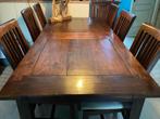 Eettafel met 6 stoelen, massief hout donkerbruin gelakt, Ophalen, Gebruikt, Landelijk, 4 tot 6 stoelen