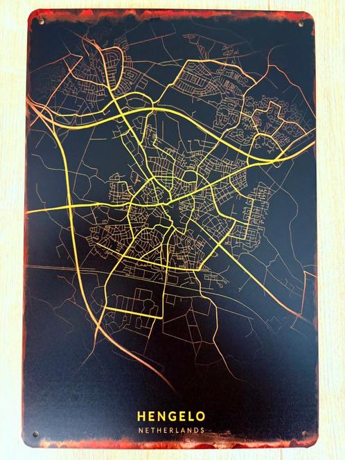 Vintage bord plattegrond van Hengelo (20x30cm), Huis en Inrichting, Woonaccessoires | Schilderijen, Tekeningen en Foto's, Nieuw