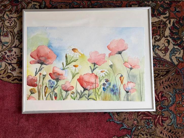 Aquarel Bloemenveld – John de Jongh, Antiek en Kunst, Kunst | Schilderijen | Modern, Ophalen of Verzenden