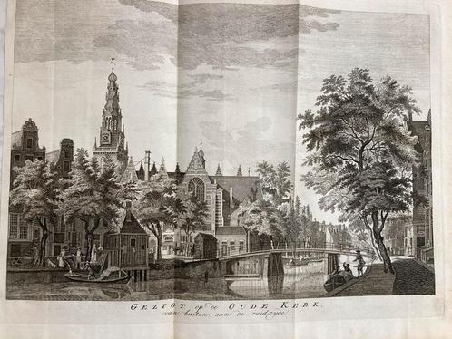 Gezigt op de Oude Kerk, Paulus van Liender, 1760, 36,5x25cm., Antiek en Kunst, Kunst | Etsen en Gravures, Ophalen of Verzenden