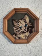Vintage geborduurd katten lijstje, Ophalen of Verzenden