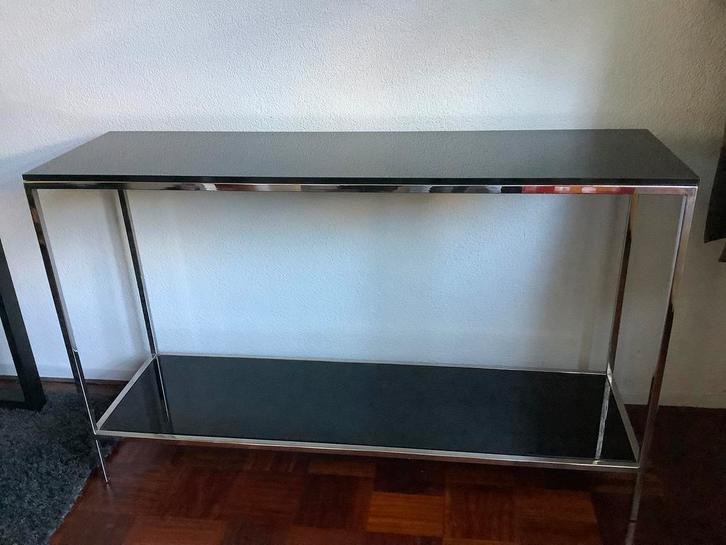 Sidetable zwart glas, Huis en Inrichting, Tafels | Sidetables, Gebruikt, 25 tot 50 cm, 100 tot 150 cm, Rechthoekig, Glas, Ophalen