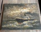 Olieverfschilderij vissersboot in storm 80x60 cm, Antiek en Kunst, Ophalen of Verzenden