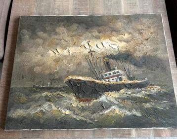 Olieverfschilderij vissersboot in storm 80x60 cm beschikbaar voor biedingen