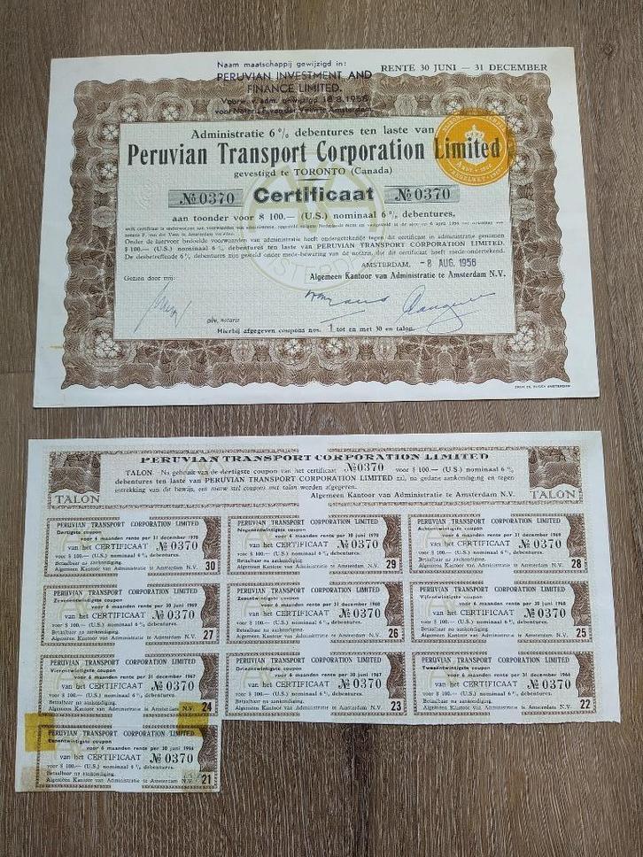 Peruvian Transport Corporation Limited 6% USD 100, Postzegels en Munten, Aandelen en Waardepapieren, Obligatie of Lening, 1950 tot 1970