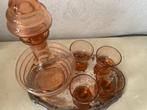 Zeer fraai brocante roze art deco likeur stel op dienblaadje, Antiek en Kunst, Antiek | Glas en Kristal, Ophalen of Verzenden