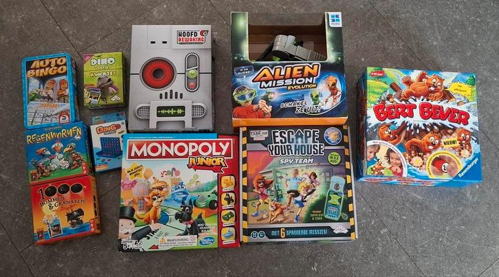 Spellenpakket: Monopoly Junior, Regenwormen, etc., Hobby en Vrije tijd, Gezelschapsspellen | Bordspellen, Gebruikt, Een of twee spelers