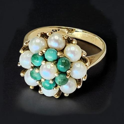 Prachtige 14 k gouden Damesring Parels & groenen Steentjes, Sieraden, Tassen en Uiterlijk, Ringen, Zo goed als nieuw, Dame, Kleiner dan 17