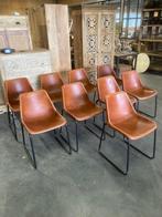 5 Industriele/Vintage stoelen met cognac lederen zitting, Vijf, Zes of meer stoelen, Industrieel/Vintage, Gebruikt, Metaal