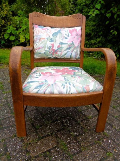 Art Deco eiken lage fauteuil (stoffen zitting en rugleuning), Antiek en Kunst, Antiek | Meubels | Stoelen en Banken, Ophalen