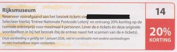 Rijksmuseum Amsterdam, 20% korting Postcodeloterij bon nr 14 beschikbaar voor biedingen