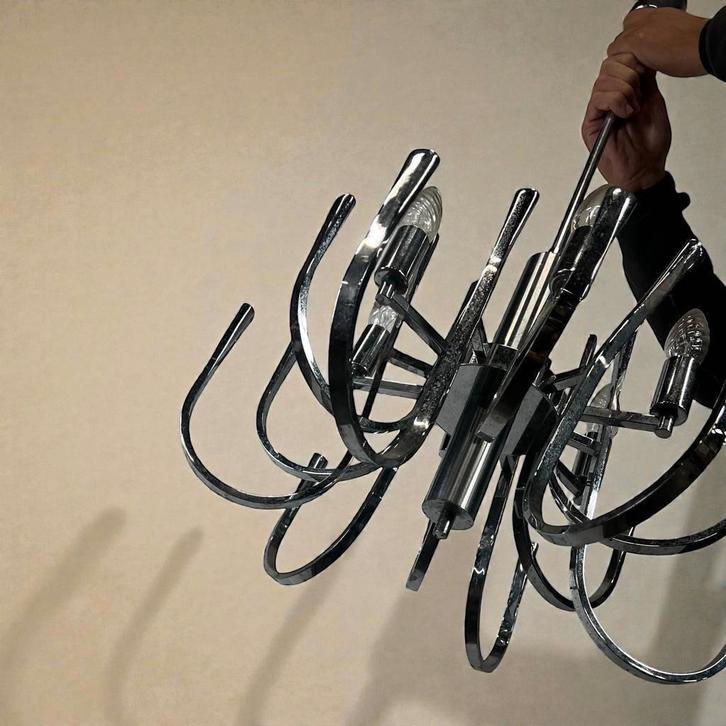 Vintage chromen luster / hanglamp met 6 lichtpunten, Antiek en Kunst, Antiek | Lampen, Ophalen