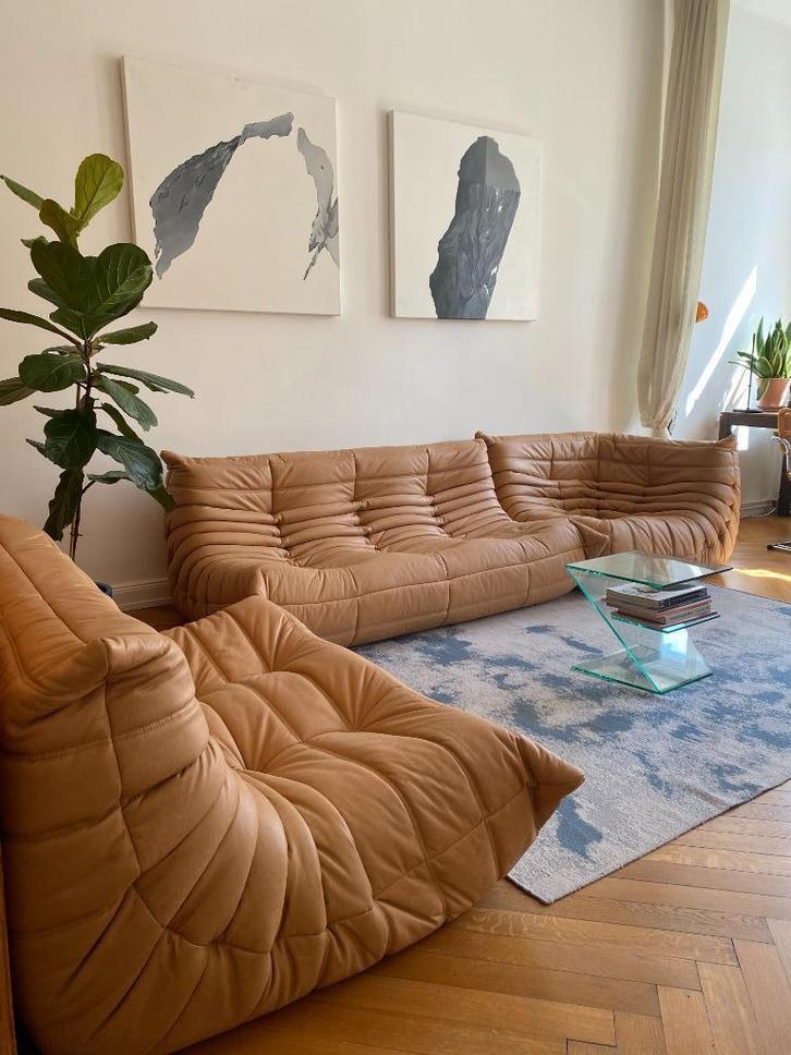 Ligne Roset - Togo - Bank Set (3-Delig) - Camel Bruin Leer, Huis en Inrichting, Banken | Bankstellen, Zo goed als nieuw, Hoekbank