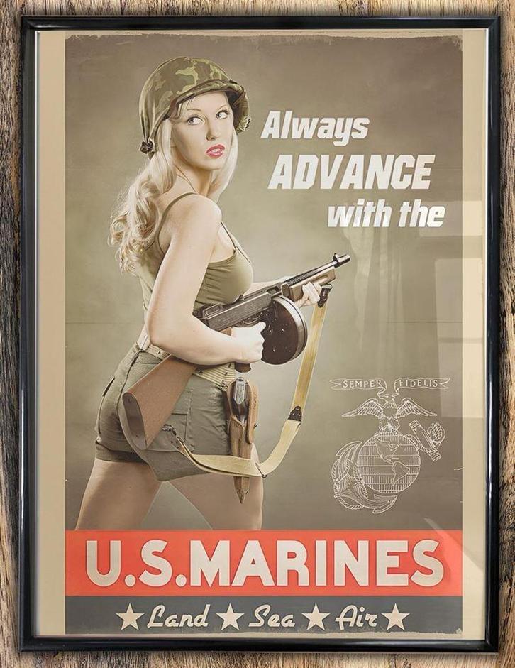 US Military Pin Up Leger Propaganda Poster in Lijst, Verzamelen, Militaria | Tweede Wereldoorlog, Foto of Poster, Amerika, Ophalen of Verzenden