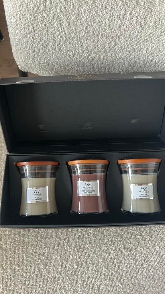 Woodwick set 3x mini jar fireside & stone washed suede, Verzenden, Nieuw, Overige materialen, Minder dan 25 cm
