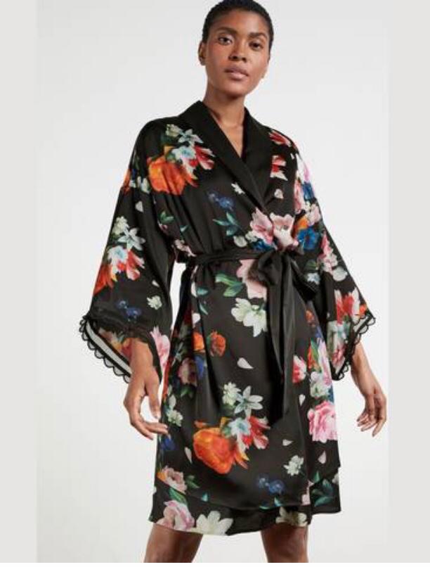 Ted Baker zwart/bloemenprint duster matglanzende satijn M, Kleding | Dames, Pyjama's, Nieuw, Maat 38/40 (M), Verzenden