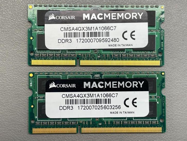Corsair 4 Gb DDR3 SO-DIMM PC3-8500 1066 Mhz (set van 2), Computers en Software, RAM geheugen, Zo goed als nieuw, Desktop, DDR3