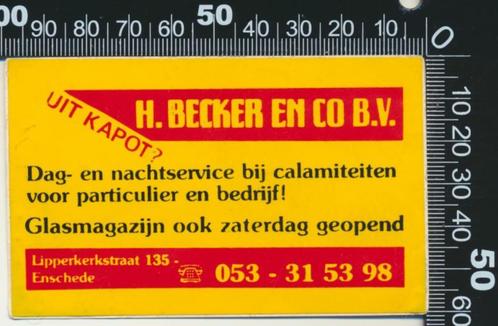 Sticker: Becker en Co - Ruit kapot - Enschede, Verzamelen, Stickers, Zo goed als nieuw, Bedrijf of Vereniging, Ophalen of Verzenden