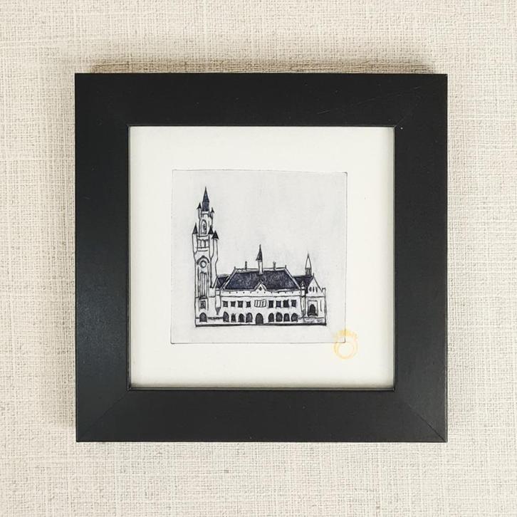 Ets van het Vredespaleis in Den Haag 10x10 cm incl lijst, Huis en Inrichting, Woonaccessoires | Schilderijen, Tekeningen en Foto's