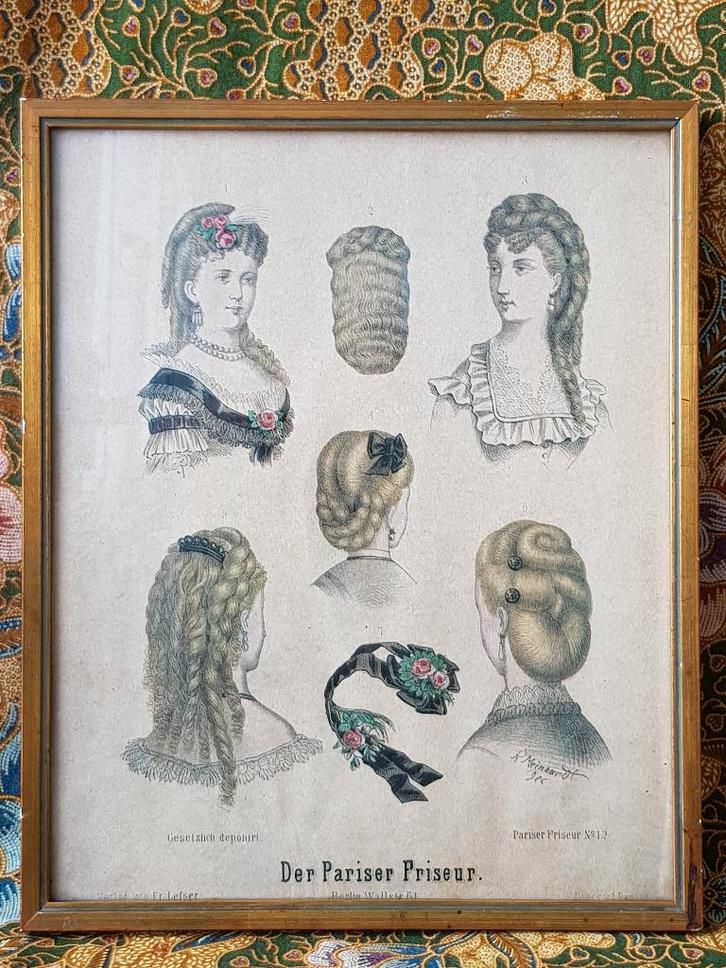Mooie antieke ingelijste kappers modeprent uit Duitsland., Antiek en Kunst, Kunst | Litho's en Zeefdrukken, Ophalen of Verzenden