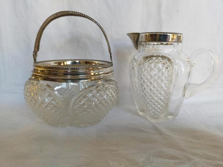Antiek kristallen? suikerschaaltje en roomkan, met zilver, Antiek en Kunst, Antiek | Goud en Zilver, Zilver, Ophalen of Verzenden