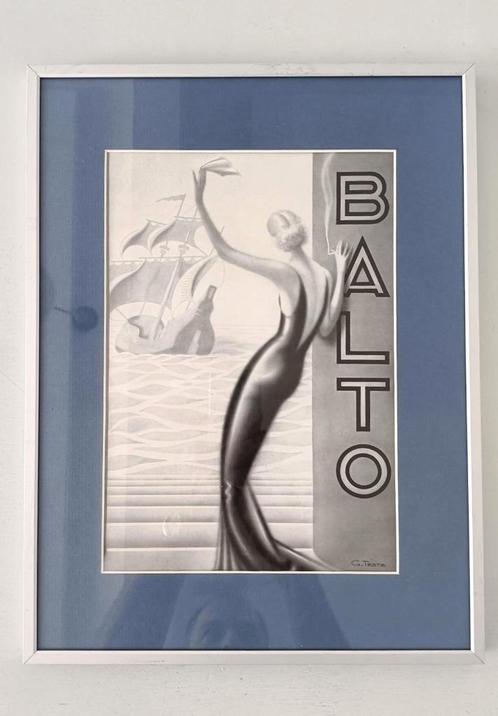 ingelijste Franse art deco advertentie, poster Balto sigaret, Verzamelen, Merken en Reclamevoorwerpen, Zo goed als nieuw, Reclamebord