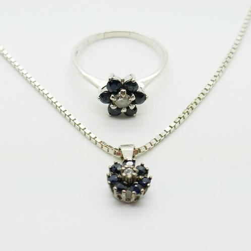 Zilveren ring en ketting met 1ct saffieren, Sieraden, Tassen en Uiterlijk, Ringen, Gebruikt, Dame, 19 tot 20, Zilver, Zilver, Met edelsteen