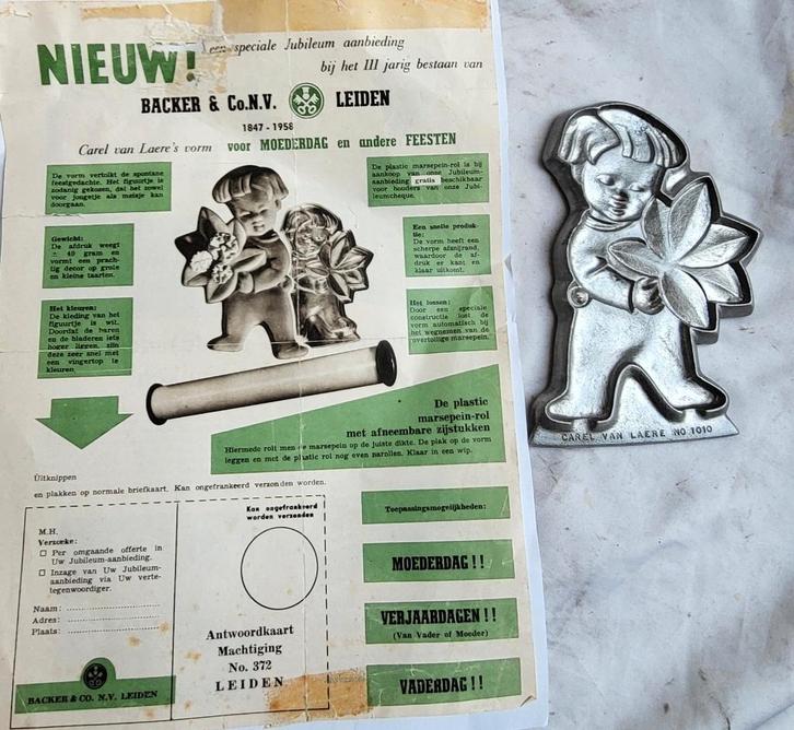 Oude marsepeinvorm: Moederdag / Vaderdag vorm (+advertentie), Antiek en Kunst, Curiosa en Brocante, Ophalen of Verzenden