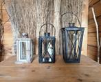 Drie lantaarns (2x metaal/glas; 1x hout/glas), Ophalen, Gebruikt