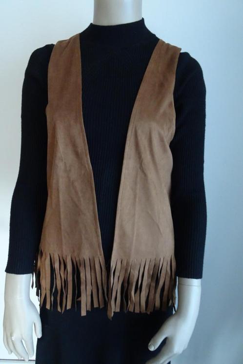 dun bruin gilletje met franjes maat S/M, Kleding | Dames, Tops, Nieuw, Maat 38/40 (M), Bruin, Zonder mouw, Ophalen
