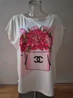 Wit shirt CC, t-shirt met Bloemen, pioenroos - Maat L, CC, Wit, Maat 42/44 (L), Ophalen of Verzenden