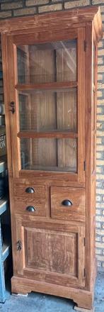 Massief teakhouten vitrinekast met glas en lades 6040200cm, Ophalen, Teakhout, 50 tot 100 cm, 150 tot 200 cm