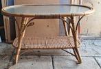 Vintage bamboe bijzettafel met glazen blad, Vintage, 55 tot 75 cm, Ovaal, Ophalen