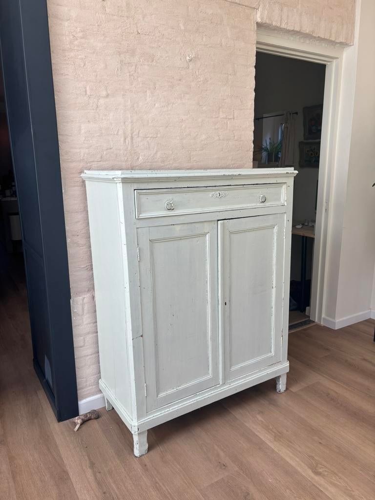 Antieke Franse brocante kast met lade en planken, Ophalen, Zo goed als nieuw, 25 tot 50 cm, 50 tot 100 cm