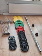 olympische halterstang gewichten en opbergrek, Ophalen of Verzenden, Zo goed als nieuw, Halterstangen