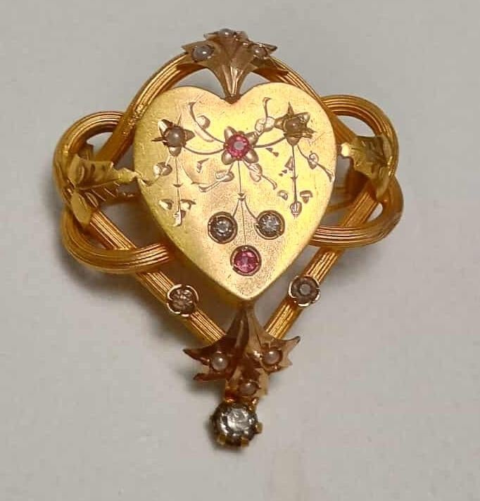 Antieke 18k Art Nouveau broche met robijnen., Sieraden, Tassen en Uiterlijk, Antieke sieraden, Ophalen of Verzenden, Goud, Broche