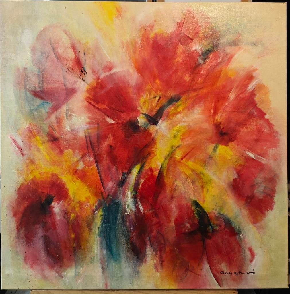 Modern schilderij klaprozen 80x80cm gesigneerd, Antiek en Kunst, Ophalen