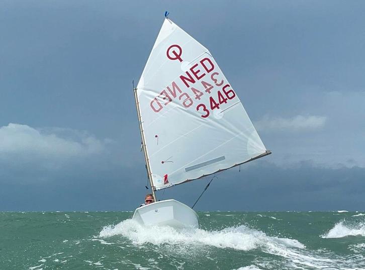 2021 Van Wettum Optimist NED 3446, Watersport en Boten, Open zeilboten, Gebruikt, Optimist, Minder dan 3 meter, Polyester, Geen motor